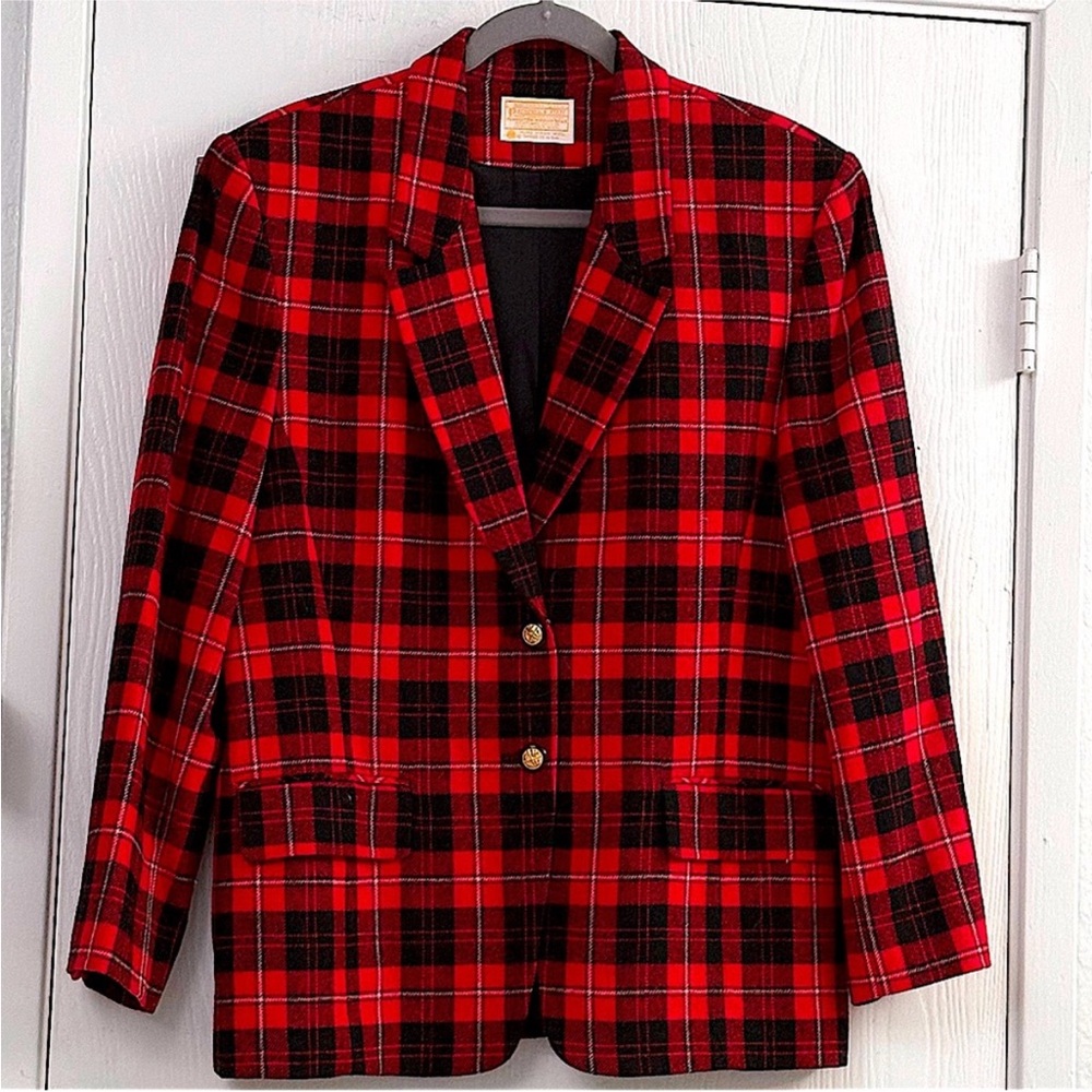 Pendleton Red Plaid Virgin Wool Blazer Jacket Classic Tartan Tailored Size 14